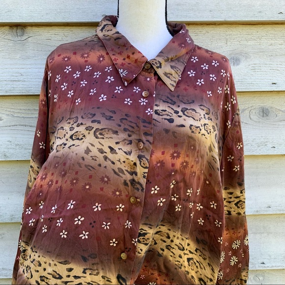Vintage 90s Bob Mackie Silk Floral Leopard Print Button Down Long Sleeve Shirt - Picture 7 of 16